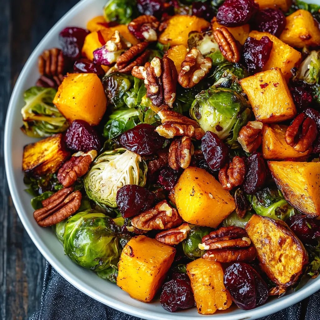 Festlicher Salat: Butternut-Kürbis, Rosenkohl, Cranberries, Pekanüsse und Rote Beete